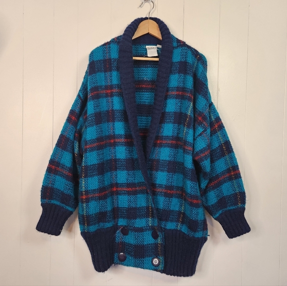 Vintage 1980s Oversized Knit Cardigan Sweater Blue Plaid Shawl Collar Preppy - Picture 4 of 10